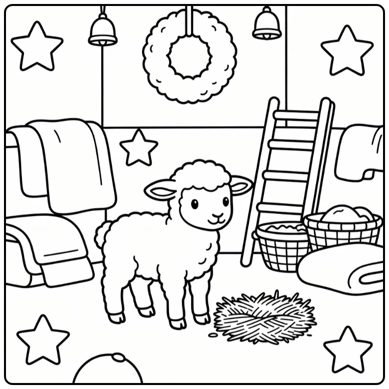 christmas farm animal coloring page: lamb under wreath in barn
