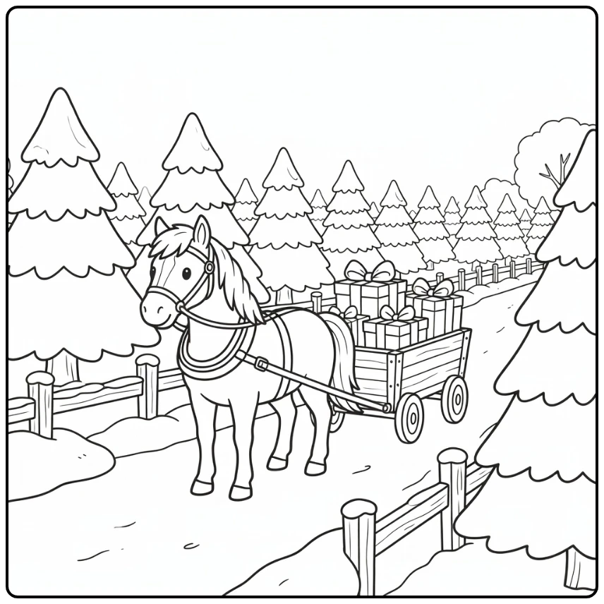 Christmas horse coloring page in festive farm scene with cart