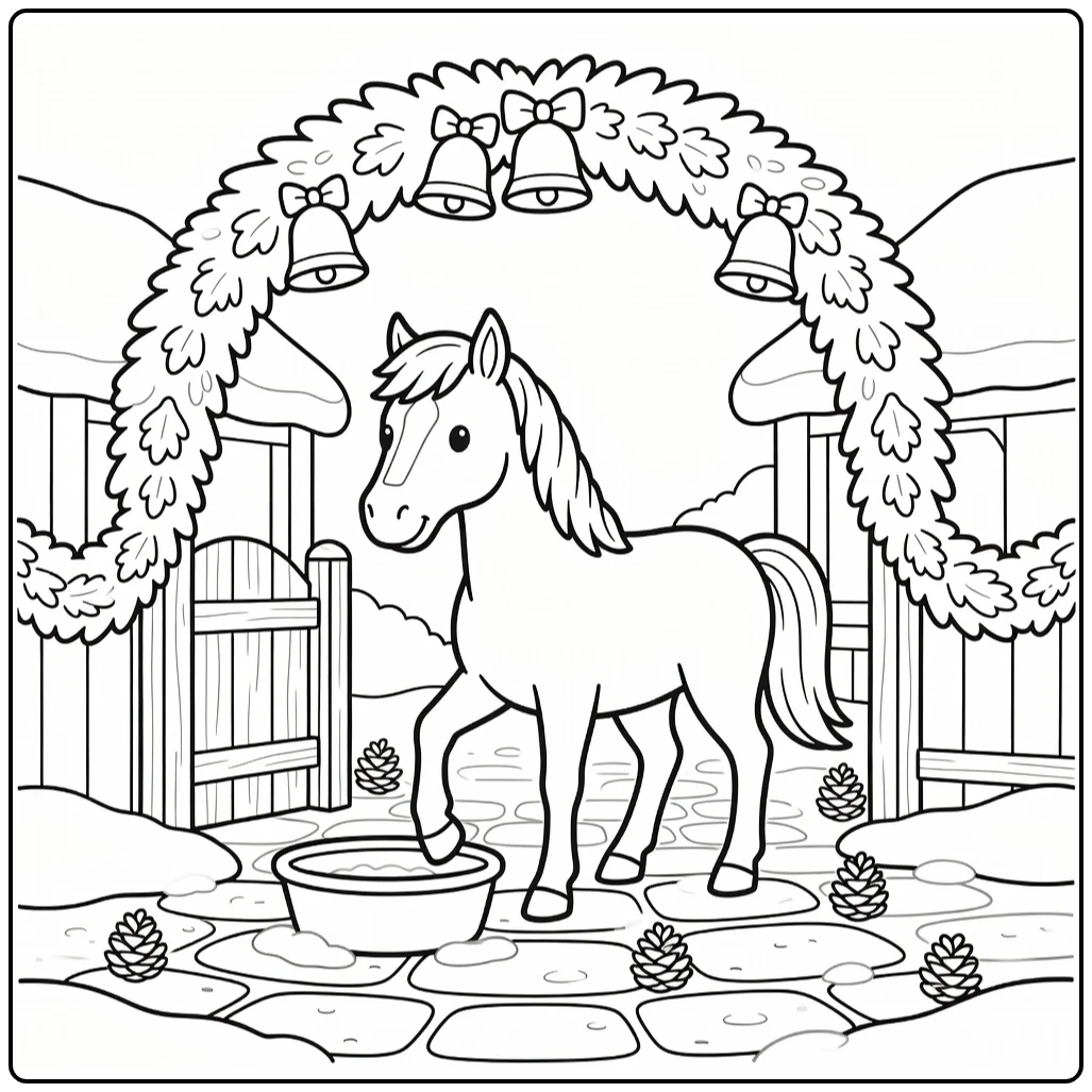 christmas horse coloring page in snowy stable courtyard