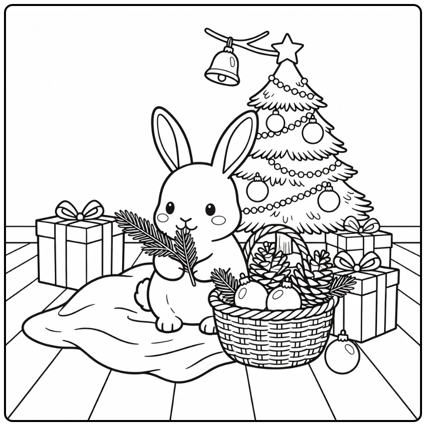 Christmas pet coloring page of rabbit with holiday basket