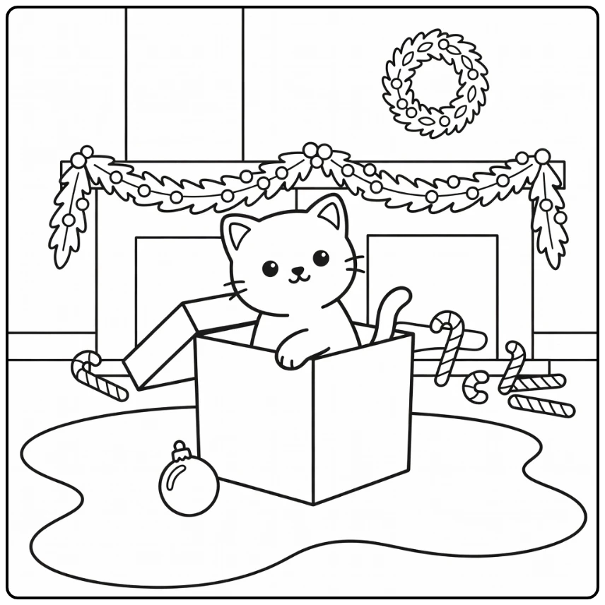 christmas pet coloring page cute kitten in gift box