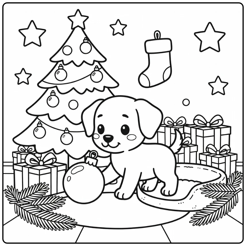 Christmas pet coloring page of puppy and Christmas tree ornament