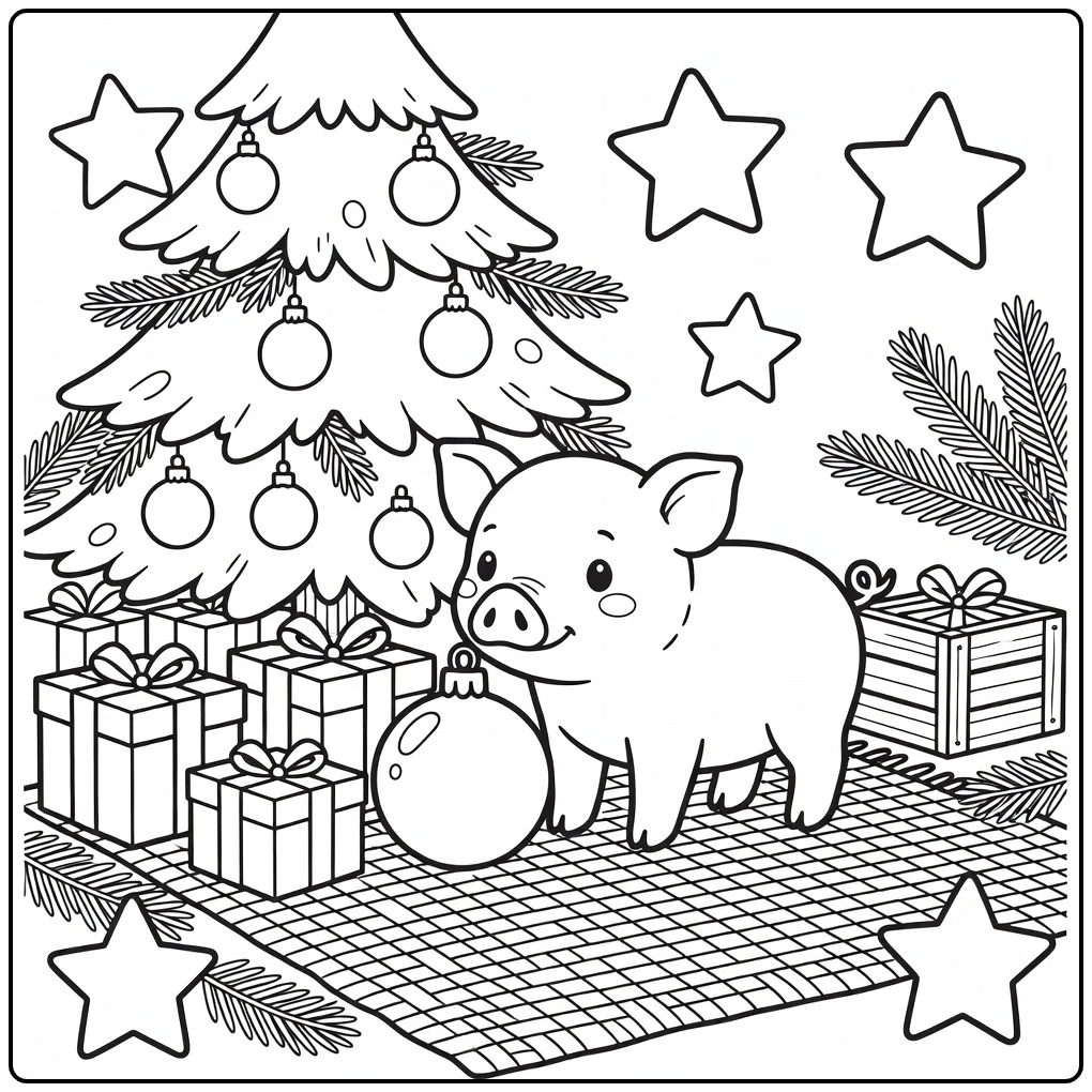 Christmas pig coloring page with piglet and tree ornament