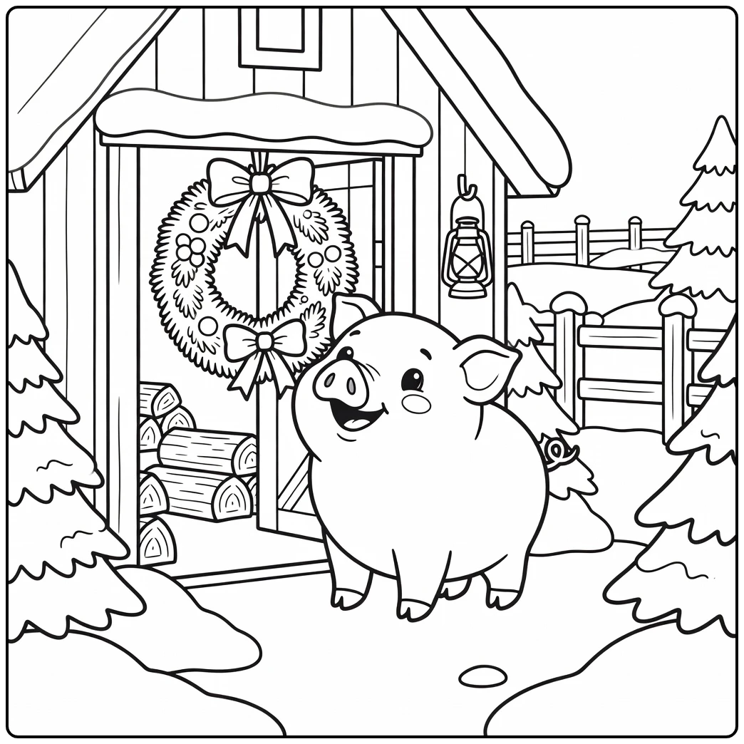 Christmas pig coloring page with wreath by snowy barn