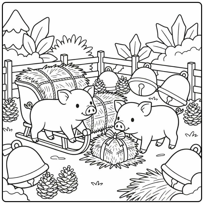 Christmas pig coloring page with piglets on holiday sleigh