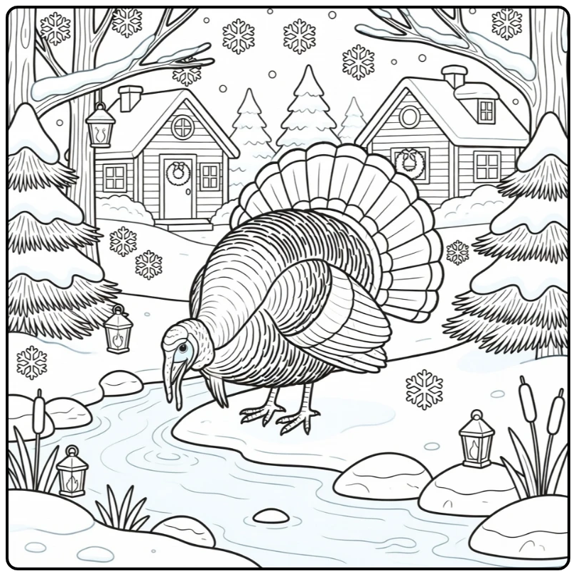 christmas turkey coloring page with turkey at icy stream and cabin