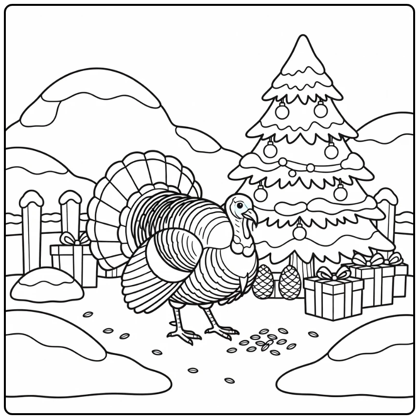 Adorable christmas turkey coloring page in snowy farmyard