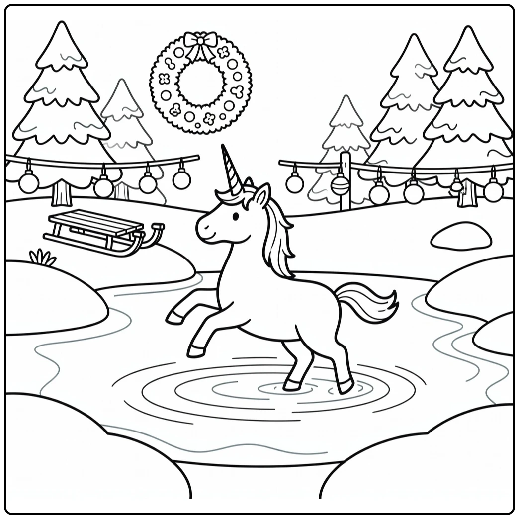 Christmas unicorn coloring pages: funny ice slide to wreath