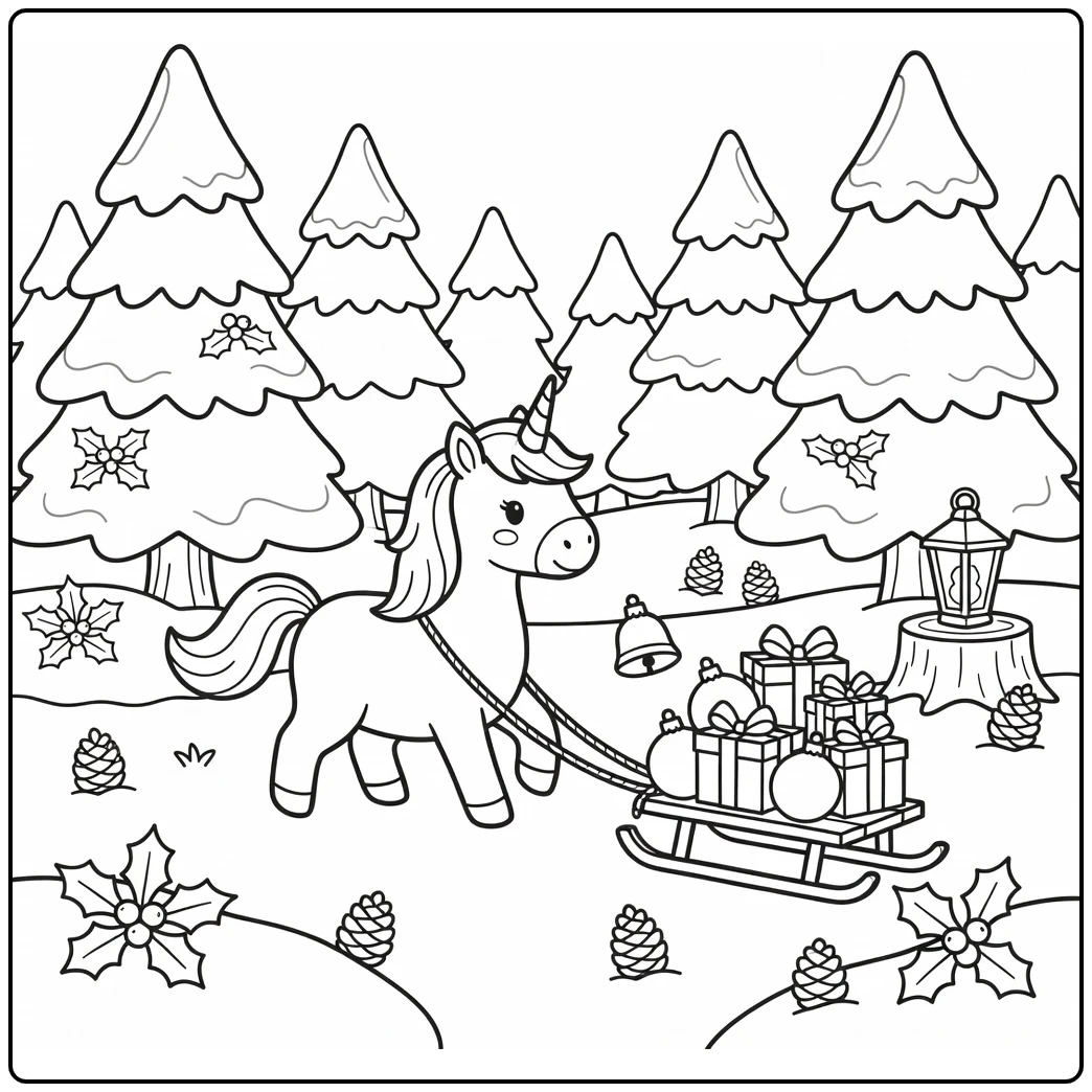 Christmas unicorn coloring pages: trotting with sled in snowy grove
