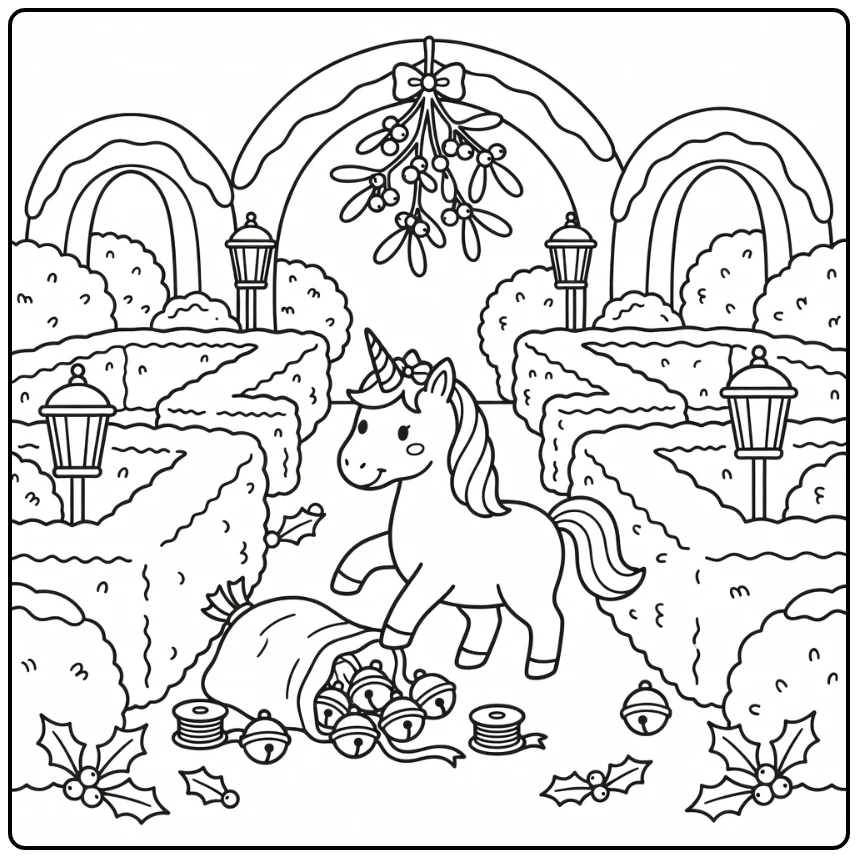 Christmas unicorn coloring pages: snowy maze mistletoe gifts