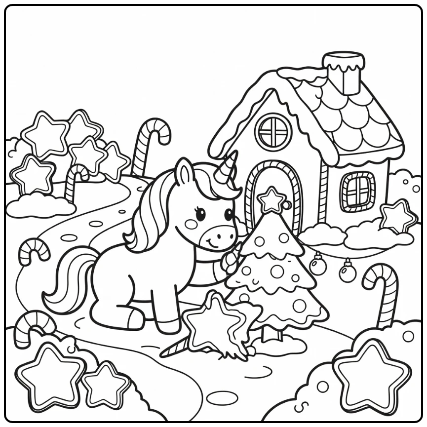 Christmas unicorn coloring pages: unicorn nudges star on tree
