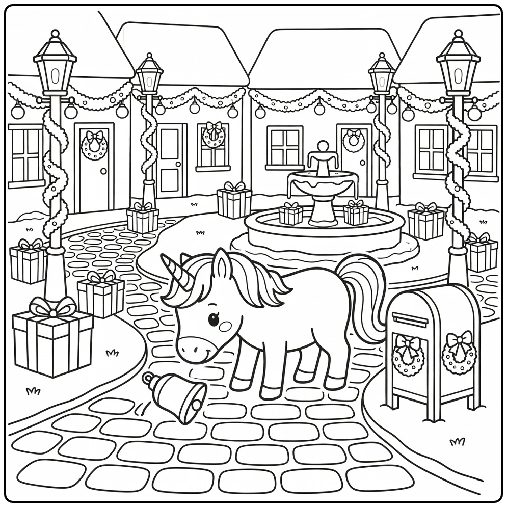 Christmas unicorn coloring pages: sniffing bell in festive village