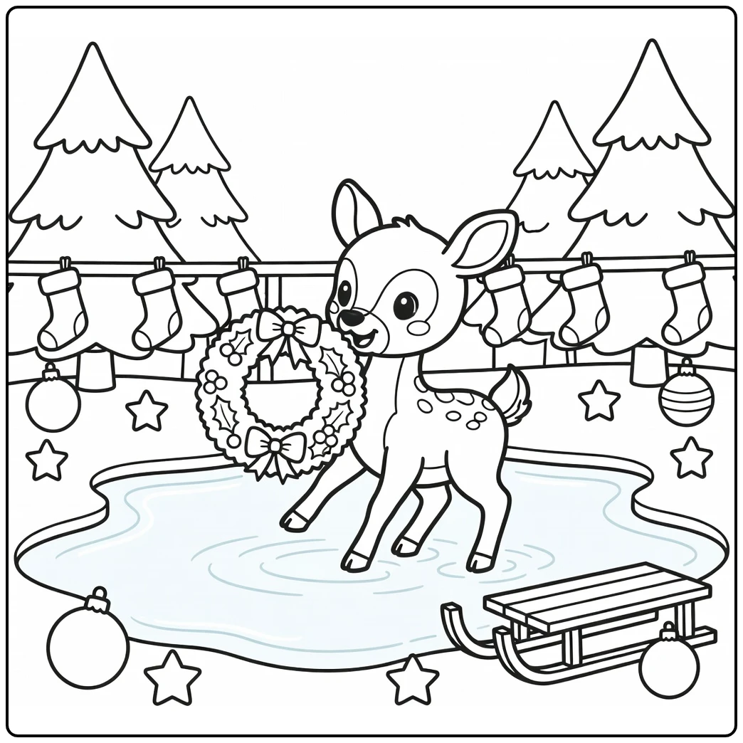 Christmas baby animals coloring pages: clumsy baby deer on ice