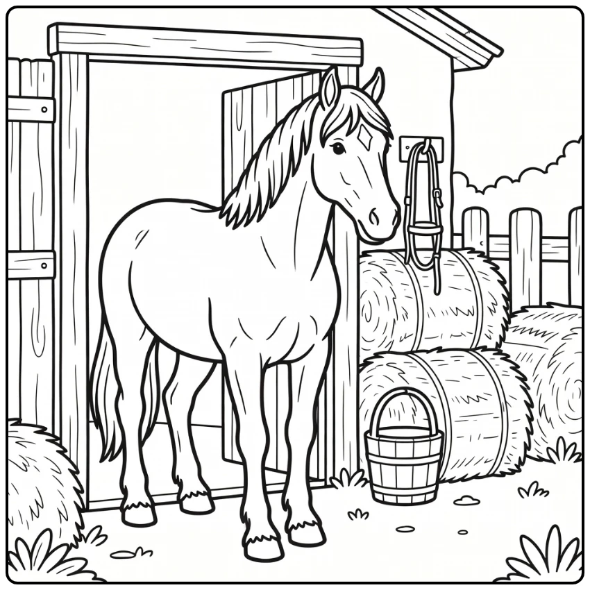 Clydesdale horse coloring page stepping from stable doorway