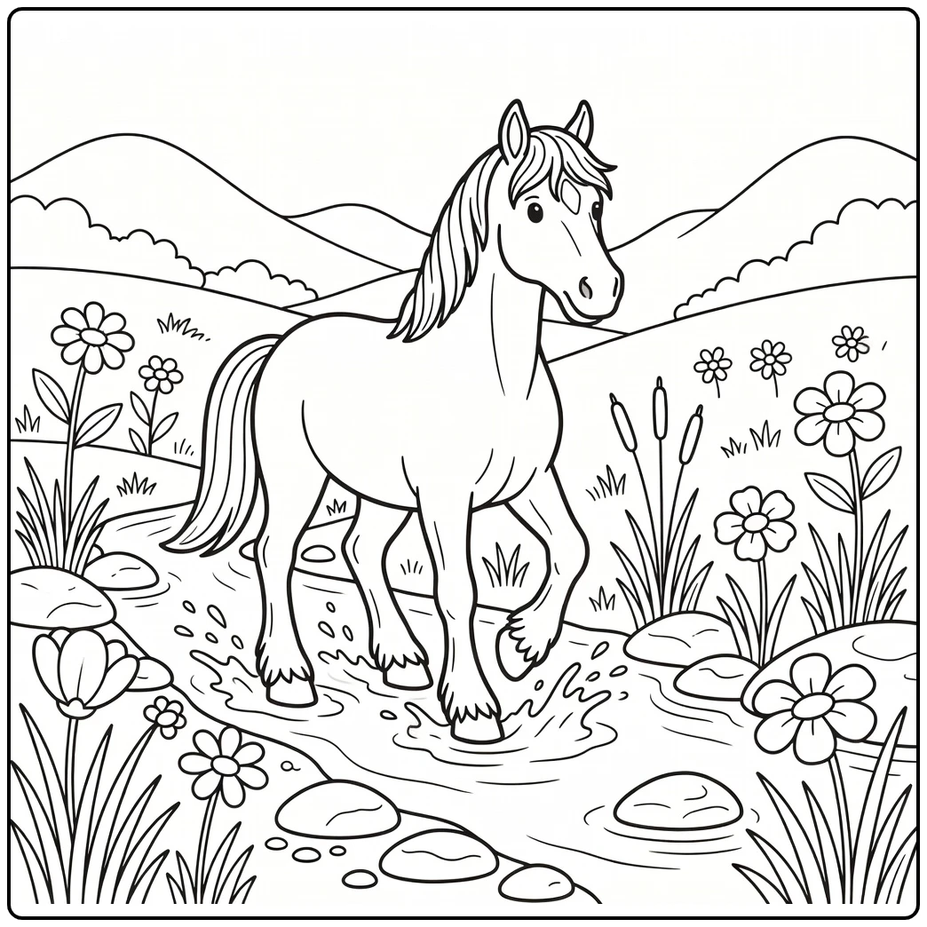 clydesdale horse coloring page splashing in meadow stream