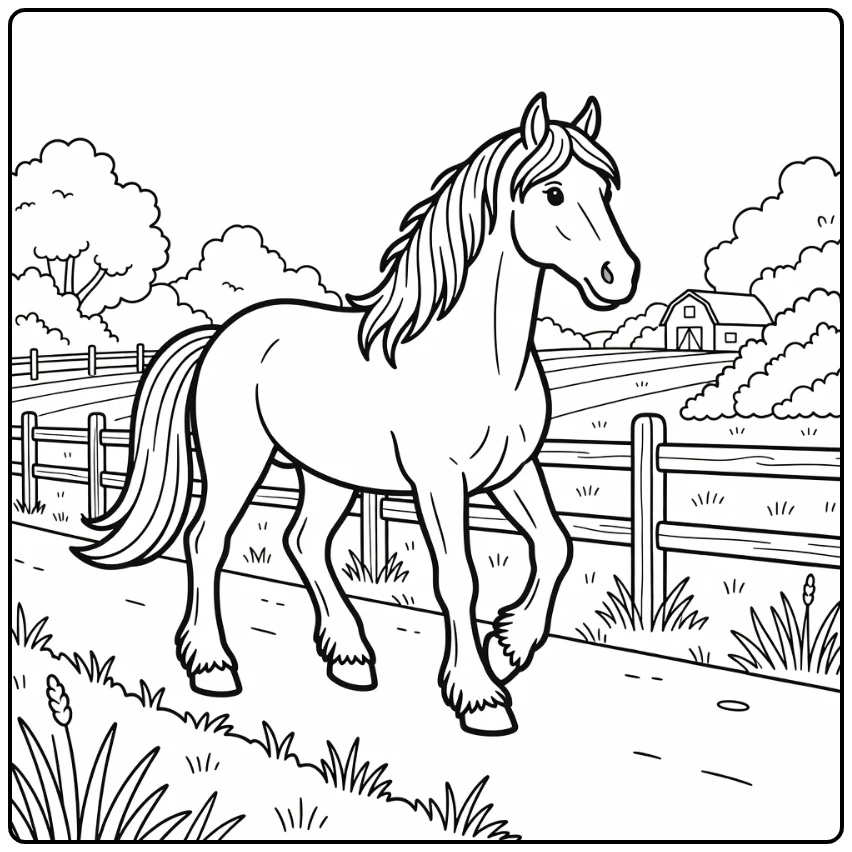 Adorable clydesdale horse coloring page with rural background
