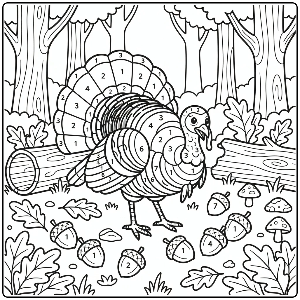 Color by number turkey coloring page pecking acorns