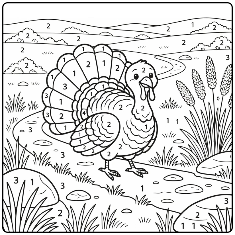 color by number turkey coloring page prairie path scene