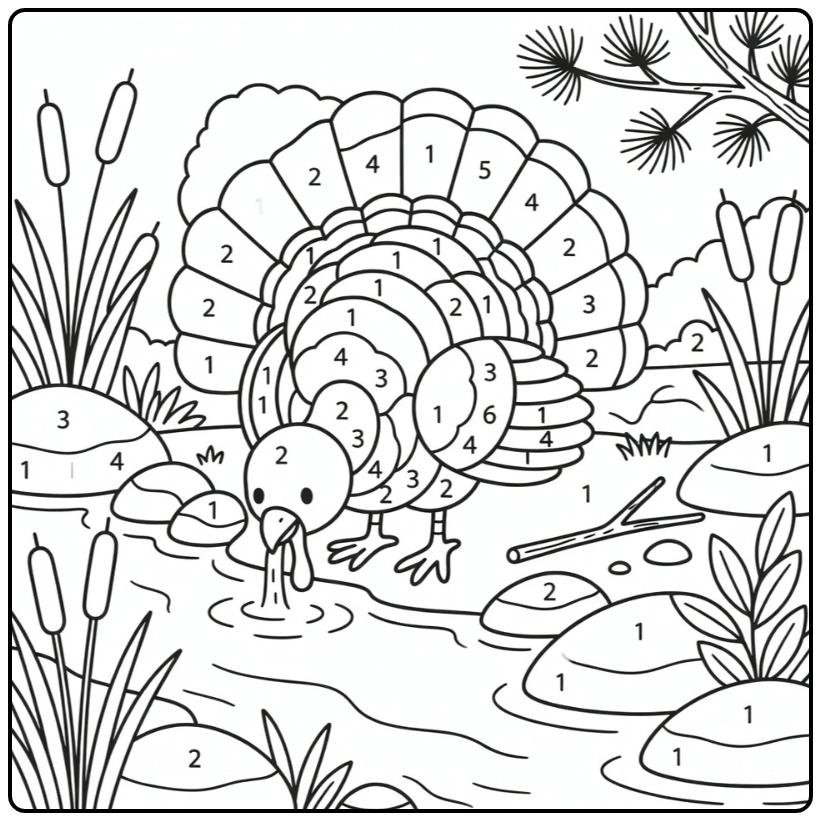 color by number turkey coloring page of Merriam’s turkey by stream