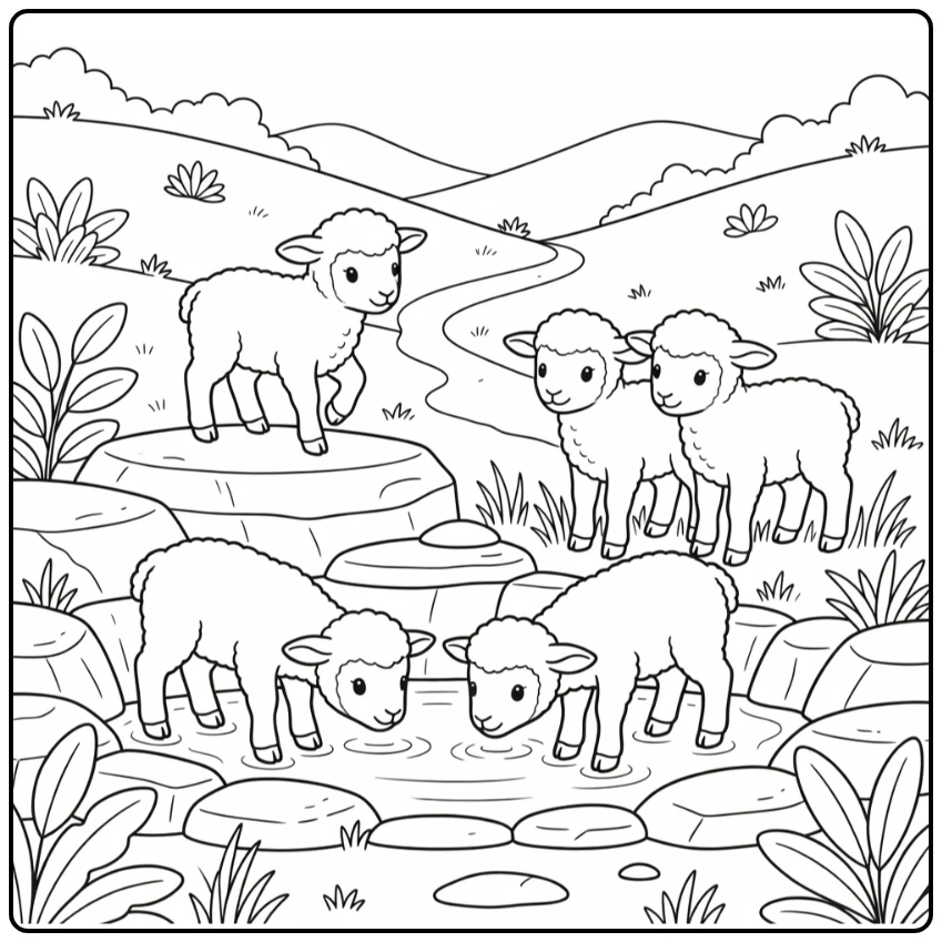coloring page of lambs by alpine spring with rocks and grass