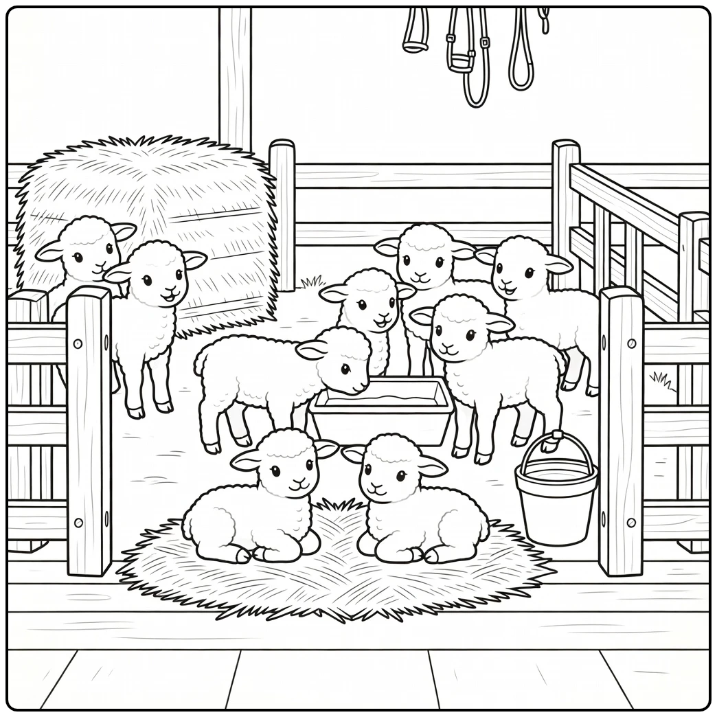 coloring page of lambs gathering in barnyard pen scene