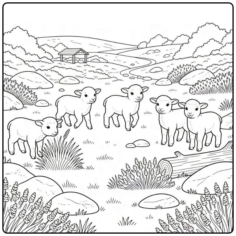 coloring page of lambs on heather moor with stones and log