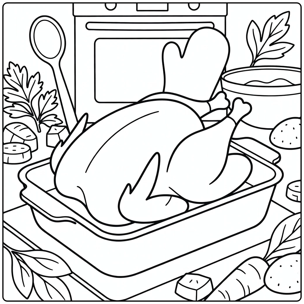 Cooked turkey coloring page turkey in pan with herbs and veggies
