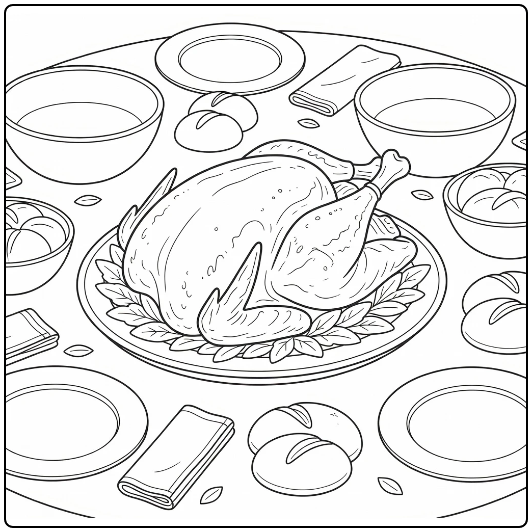 Cooked turkey coloring page showing roasted bird on oval platter