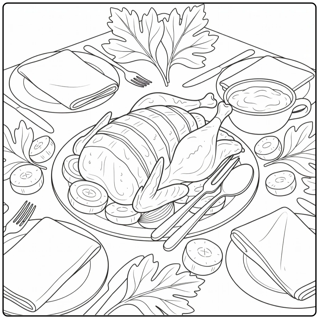 Cooked Turkey Coloring Page on Plate with Fork and Gravy Bowl