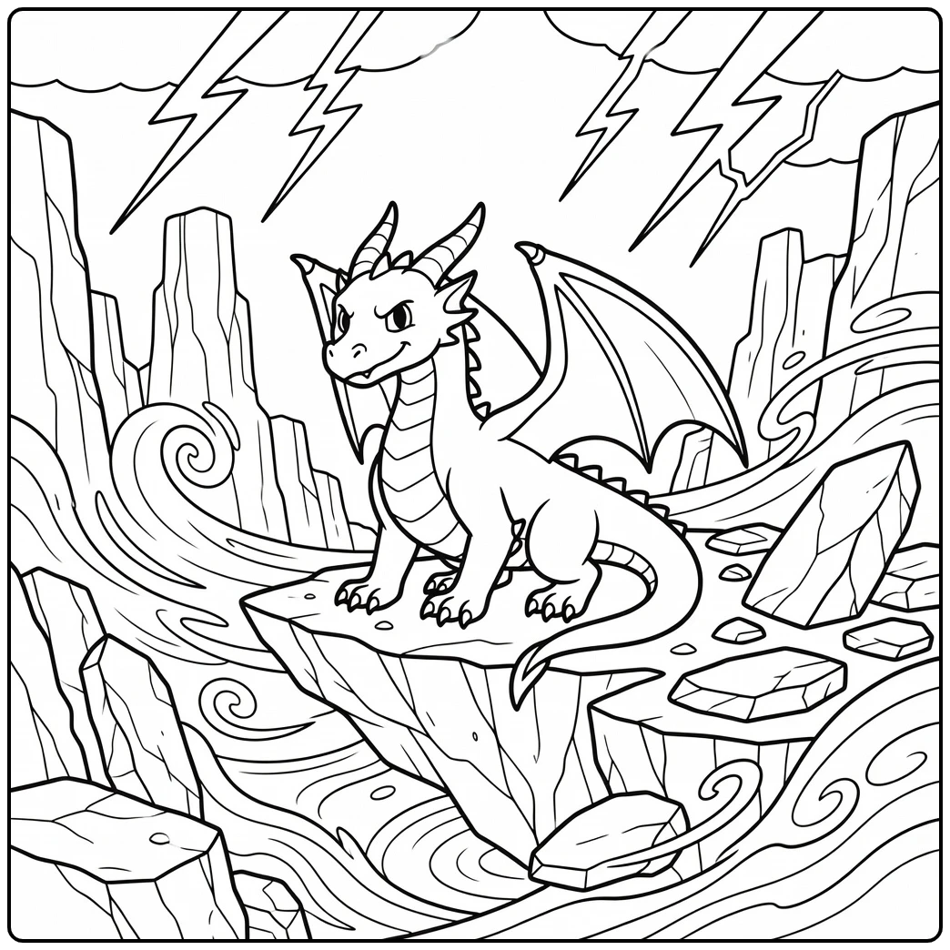 Cool dragon coloring page crouching on floating rock