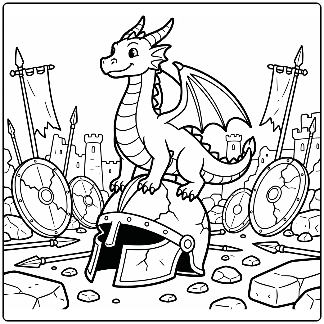 Cool dragon coloring page triumphant on cracked helmet ruins
