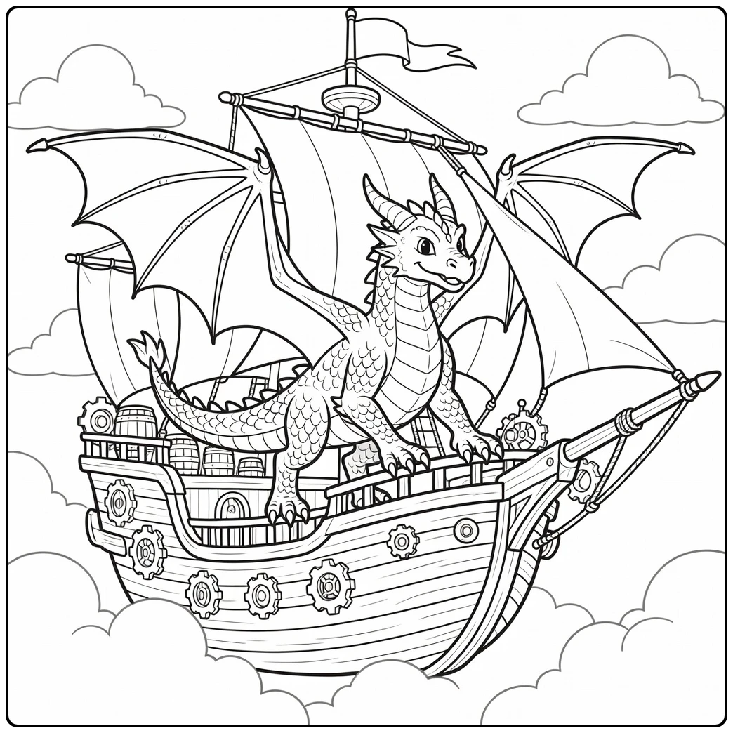 Cool dragon coloring page launching from airship deck