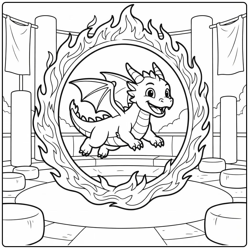 Cool fire dragon coloring page diving through giant flame hoop