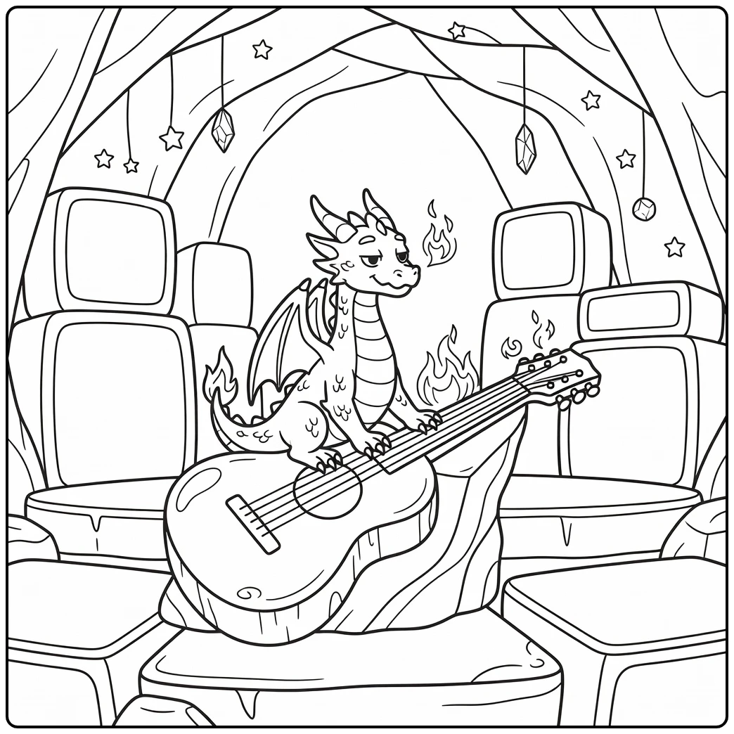 Cool fire dragon coloring page on guitar rock in cave stage