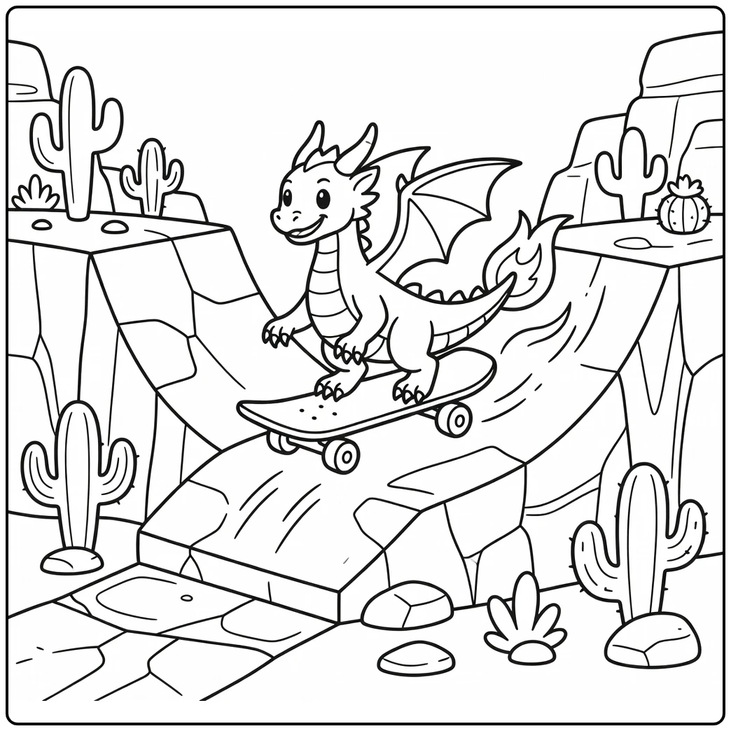 Cool fire dragon coloring page shredding canyon ramp on skateboard