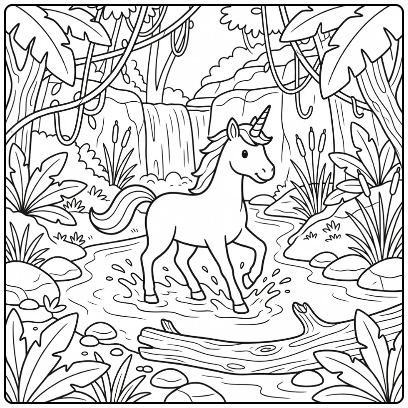 Cool unicorn coloring page splashing jungle river adventure
