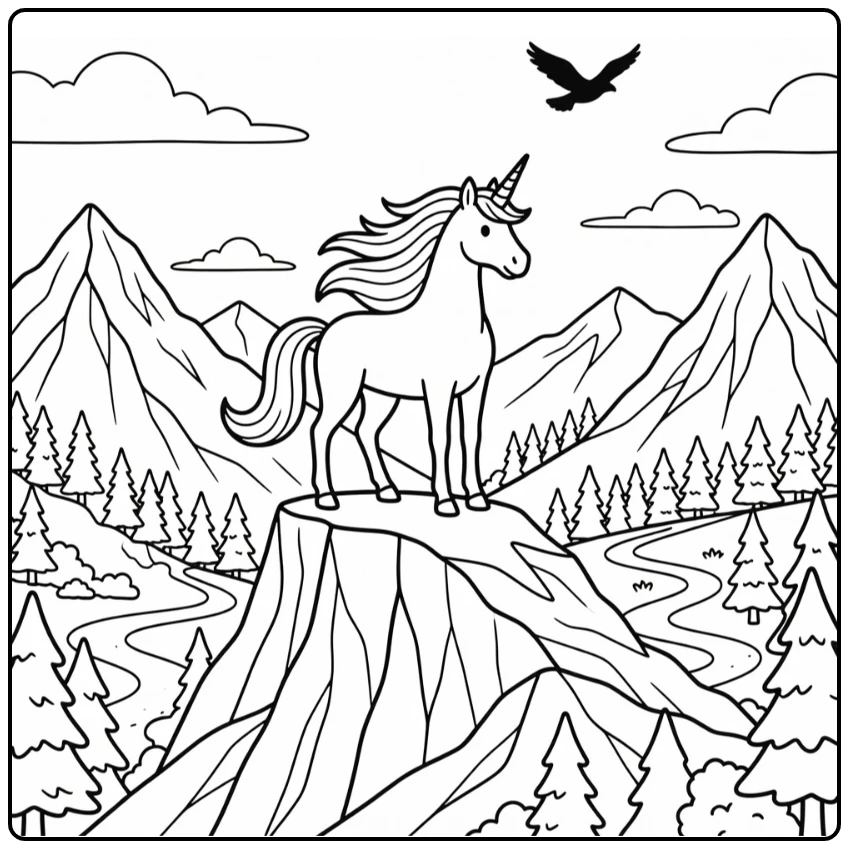 Cool unicorn coloring page on mountain ridge with valley view