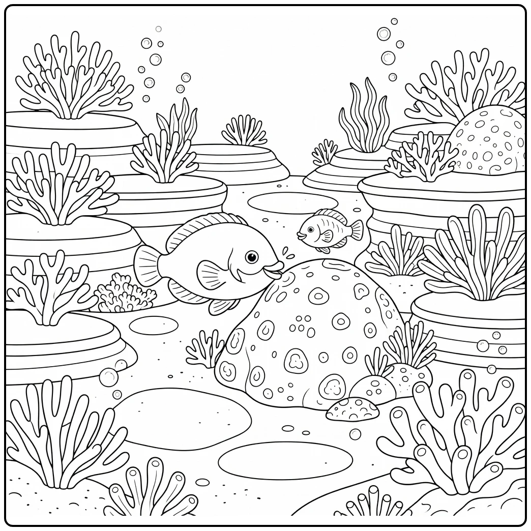Coral reef animals coloring page: parrotfish nibbles coral