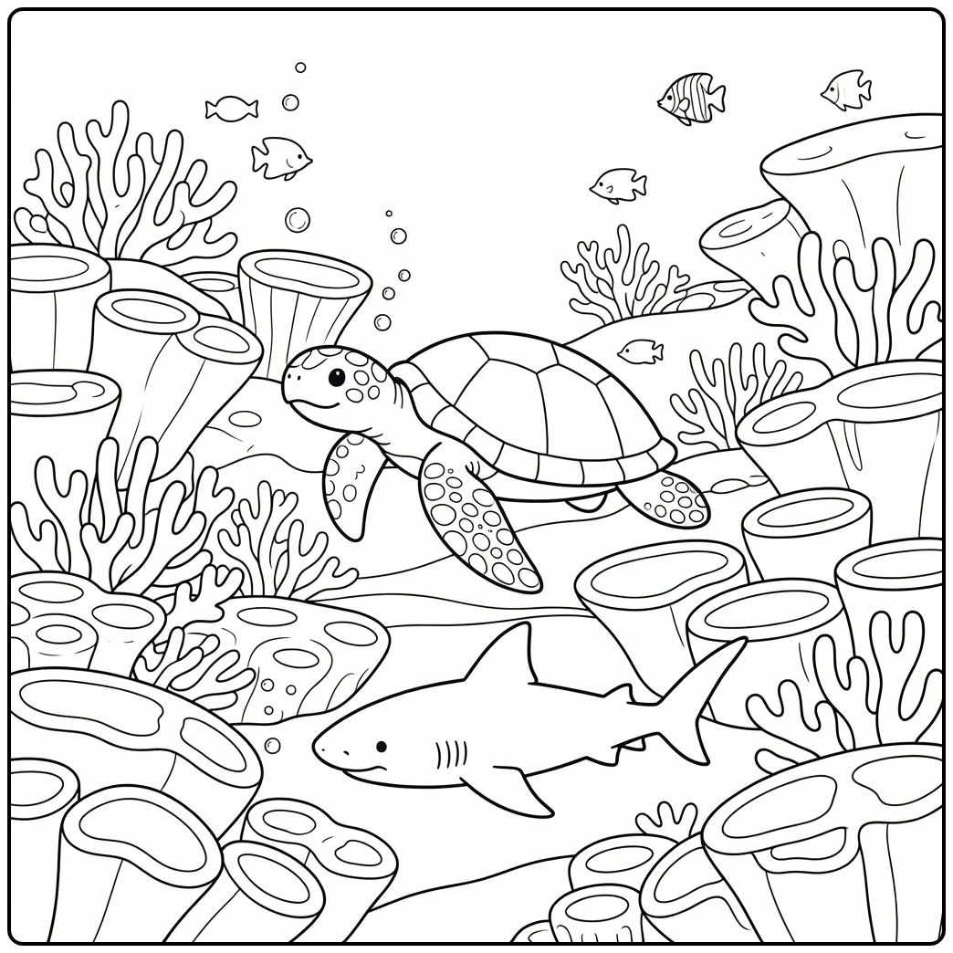 Coral reef animals coloring page: turtle glides over shark