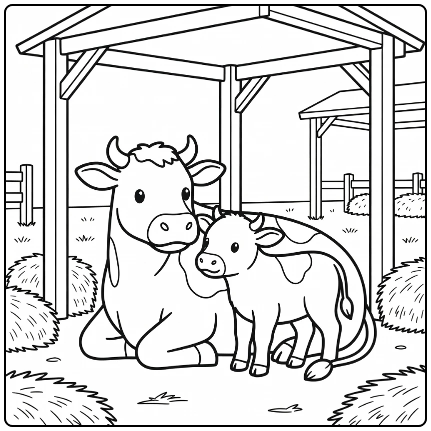 Cow and calf coloring pages: resting under shelter with hay