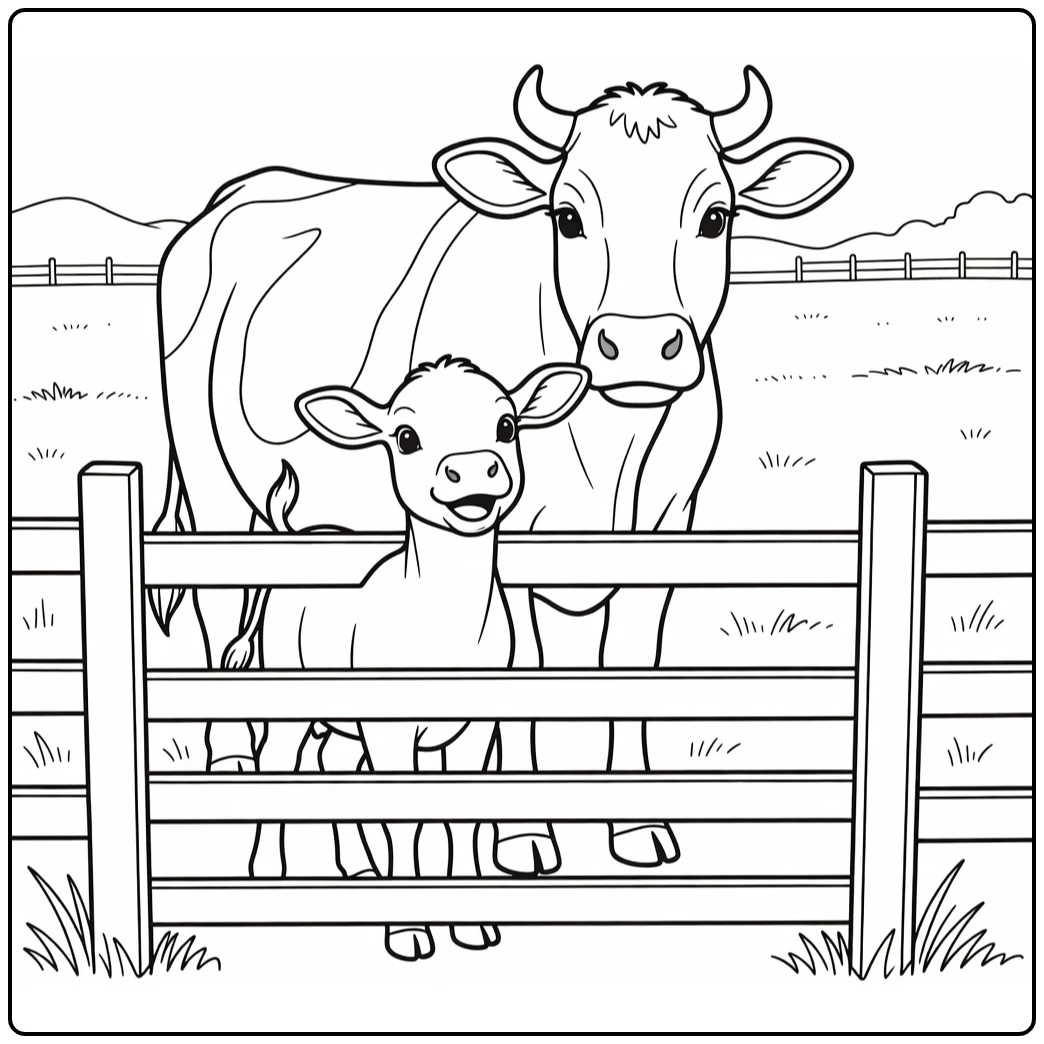 Cow and calf coloring pages: calf peeks through gate