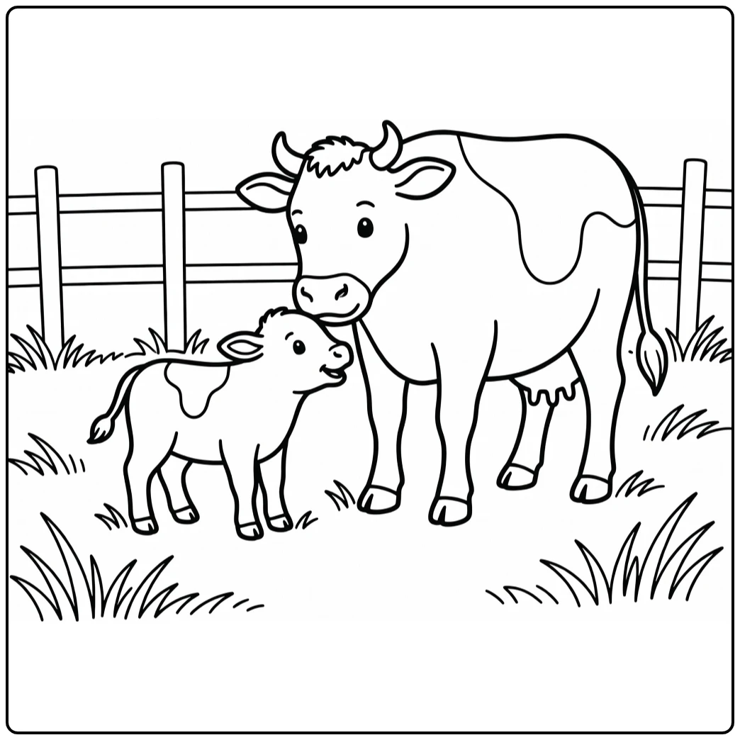 Gentle cow nuzzling calf noses, cow coloring pages