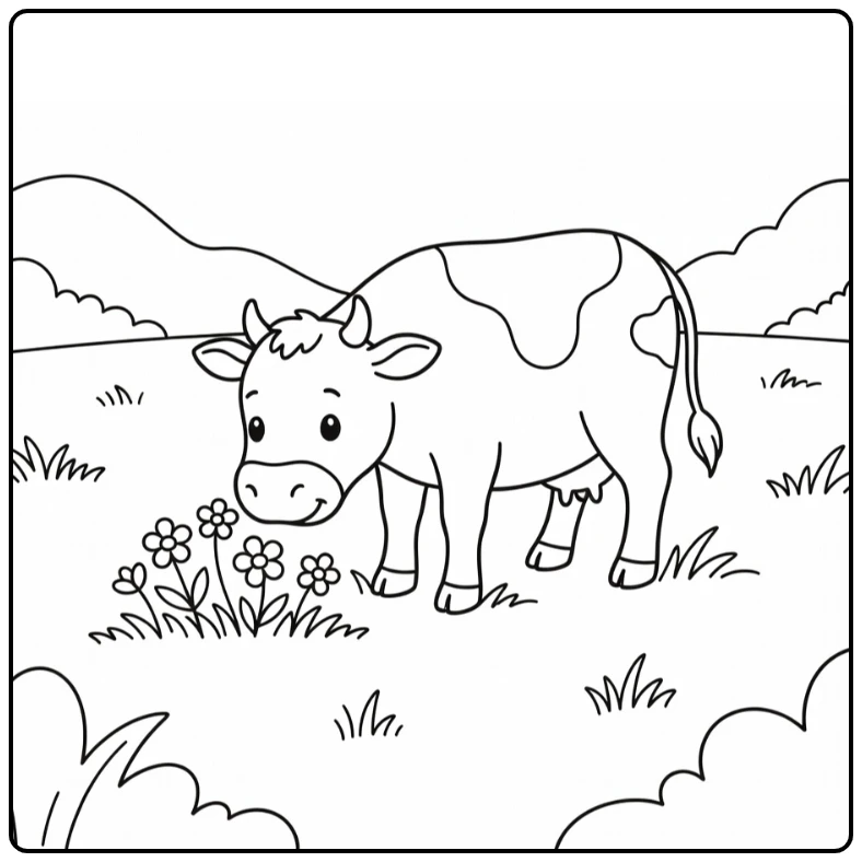 Gentle cow nuzzling flowers in meadow cow coloring pages