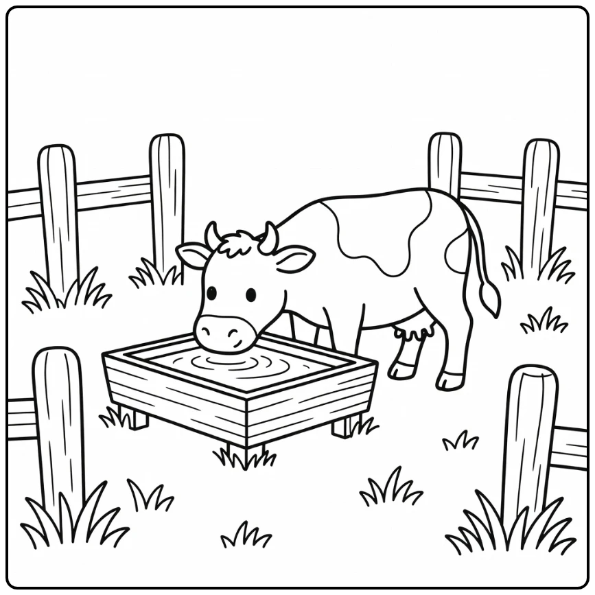 Alert cow drinking from trough - cow coloring pages