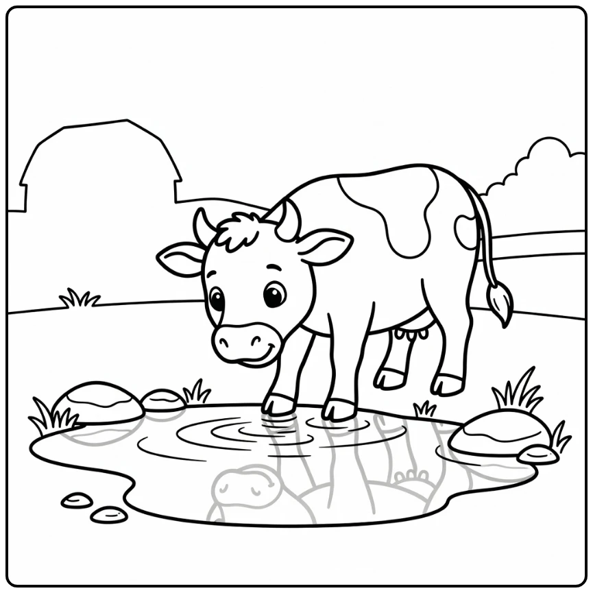 Curious cow taps puddle reflection, cow coloring pages
