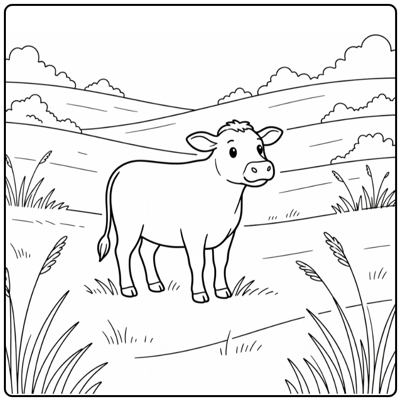 Cow coloring pages for adults: mature cow in sunrise pasture