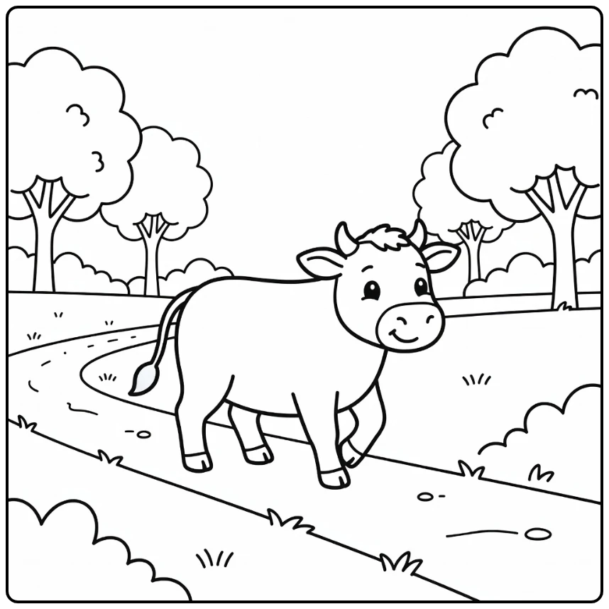 Cow coloring pages for adults: cow walking on dirt path