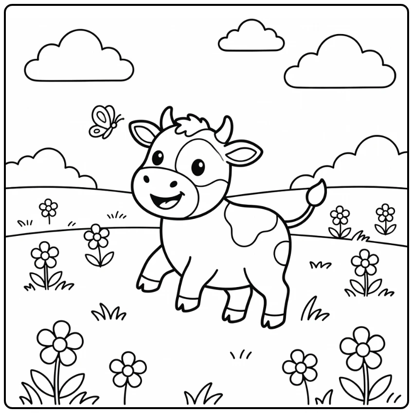 Cow coloring pages for kids: playful cow chasing butterfly