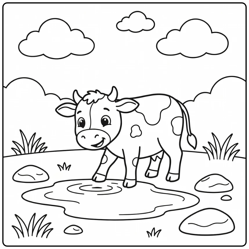 Cow coloring pages for kids: curious cow tapping puddle ripples