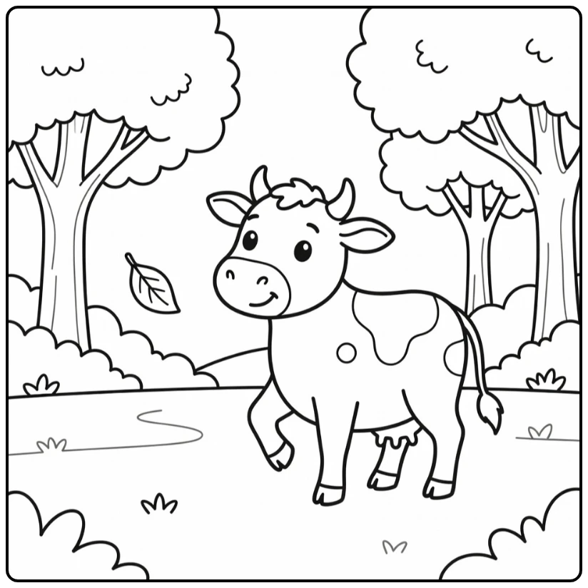 Cow coloring pages: calm cow lifting hoof for falling leaf